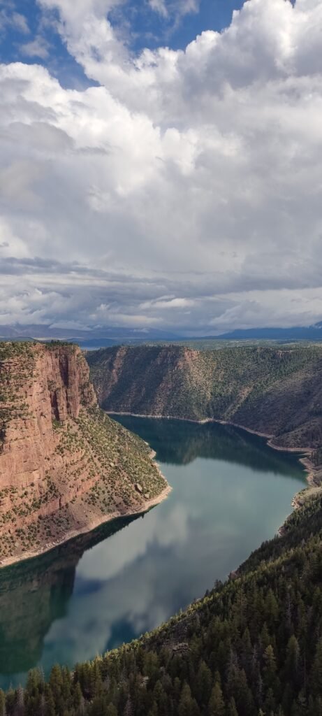 uitzicht van boven af over flaming Gorge meer omzoomd door dennenbomen en hoge rode rotsen