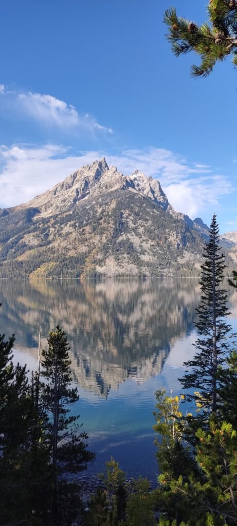 weerspiegeling van berg in bergmeer met daarrond bossen Grand Teton National Park