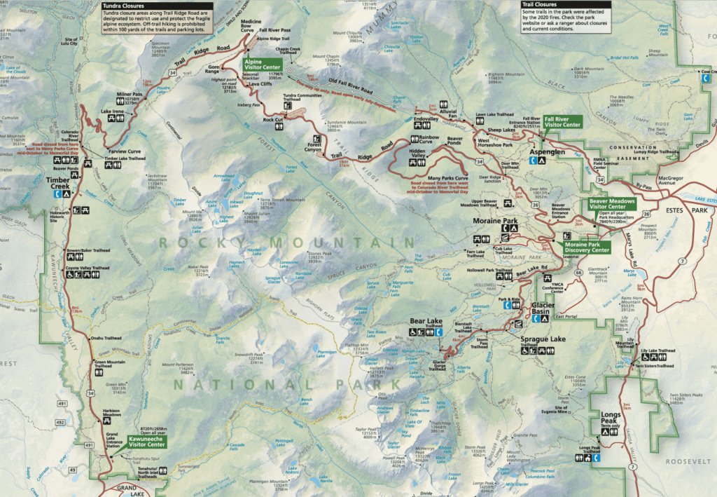 Plattegrond van Rocky mountain np USA met alle wegen